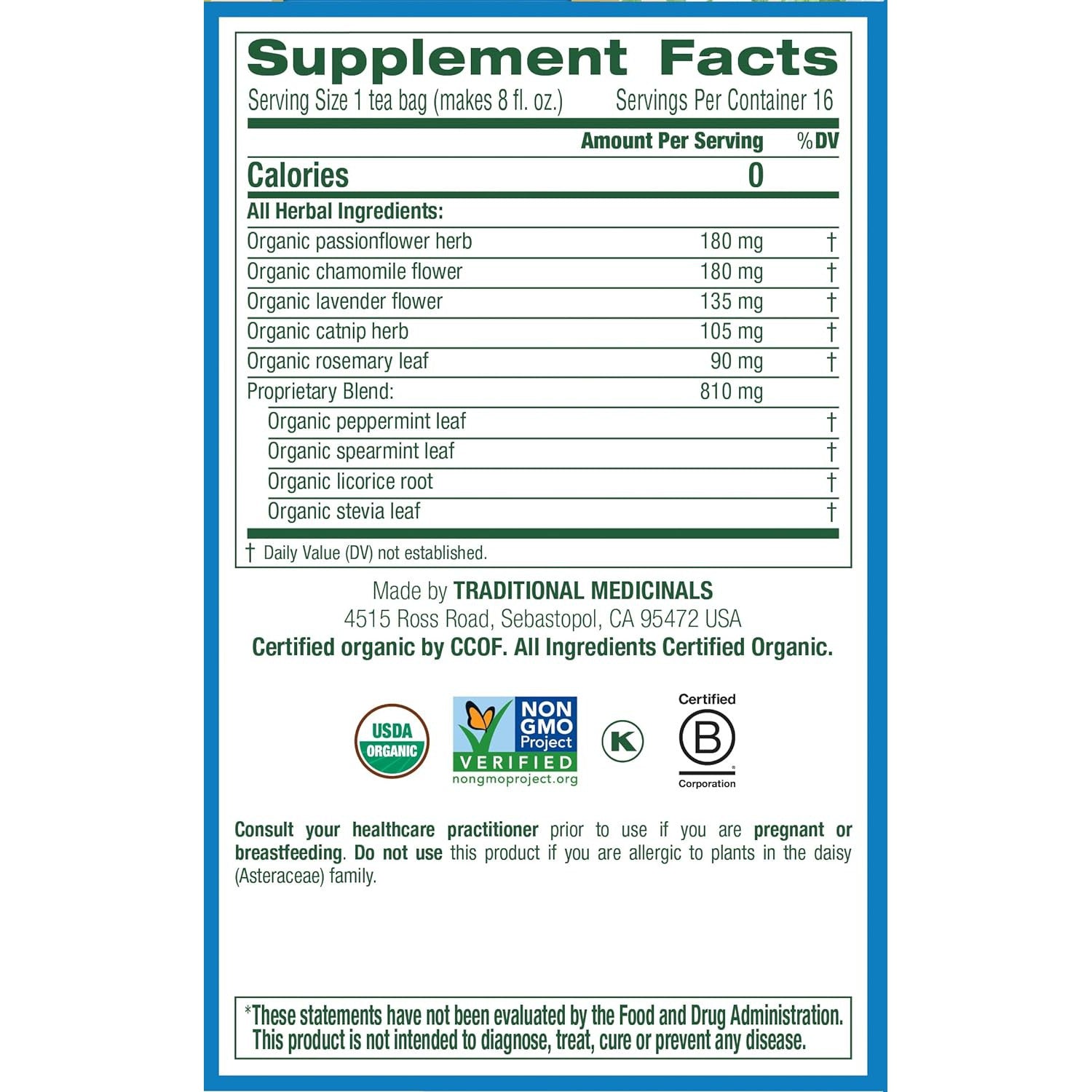 Traditional Medicinals Organic Cup of Calm Tea Lavender Mint 16 bags