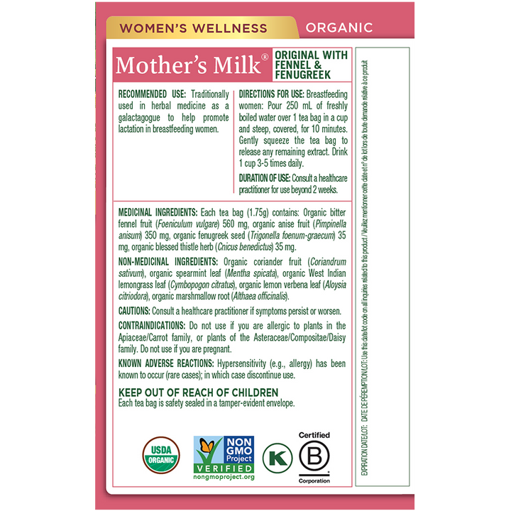 Traditional Medicinals Tea, Organic Mother's Milk, Promotes Healthy Lactation, Breastfeeding Support, 16 Tea Bags