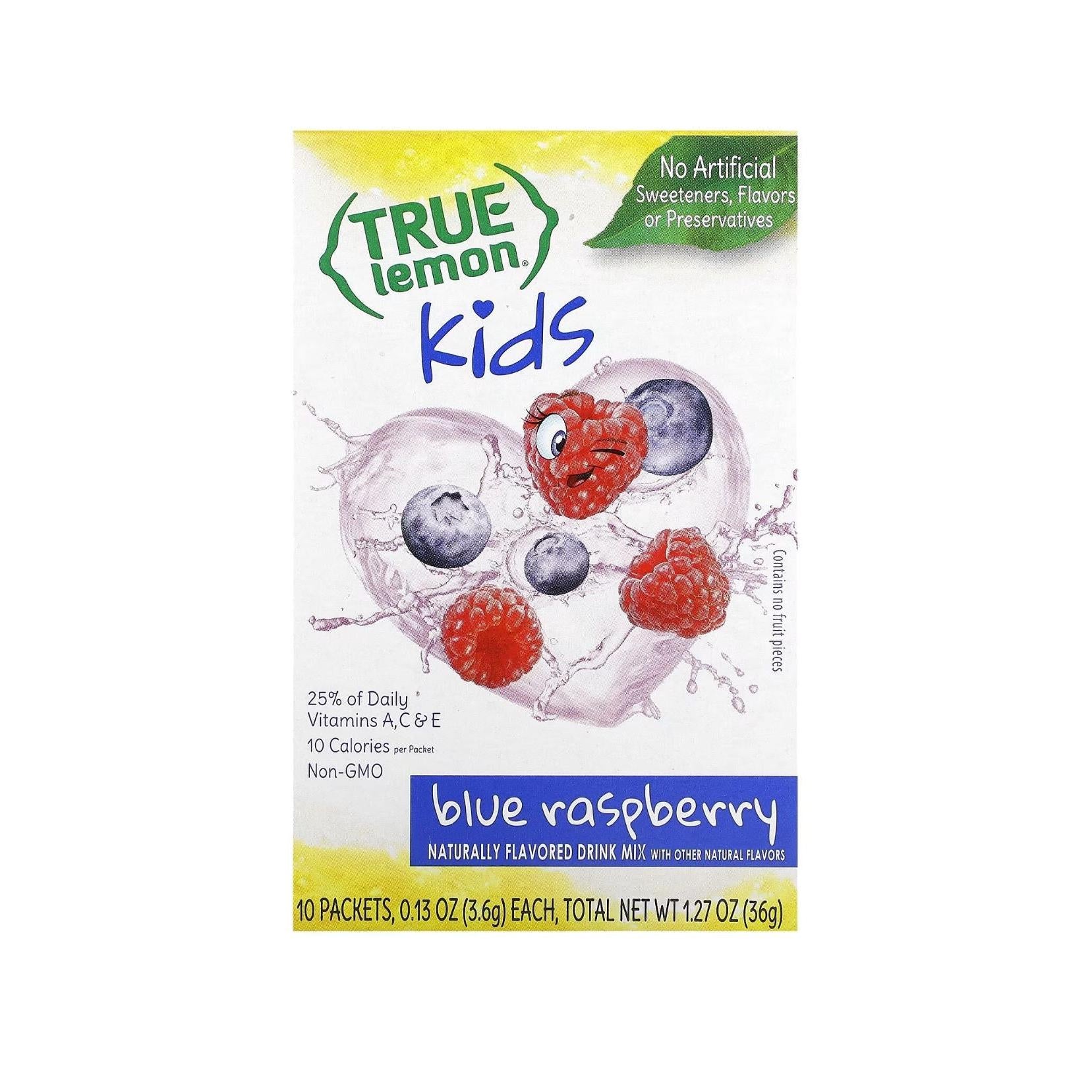 True Lemon Kids Blue Raspberry Powdered Drink Mix for Kids with Vitamins No Preservatives, No Artificial Flavors, Low Sugar 10 Packets
