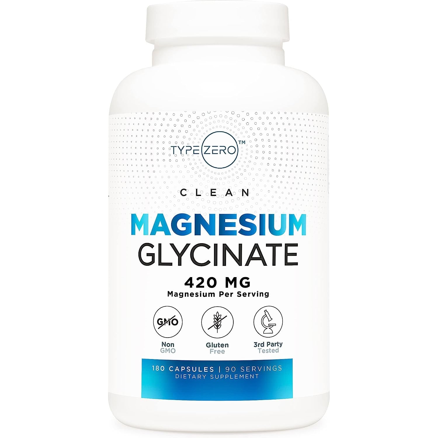 Type Zero Clean Magnesium Glycinate 420mg Pure, Non-GMO, Gluten Free, Natural High Absorbtion 180 Capsules