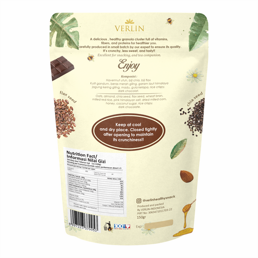 VERLIN Granola Cluster with Chia Seed, Almond & Dark Chocolate 150g