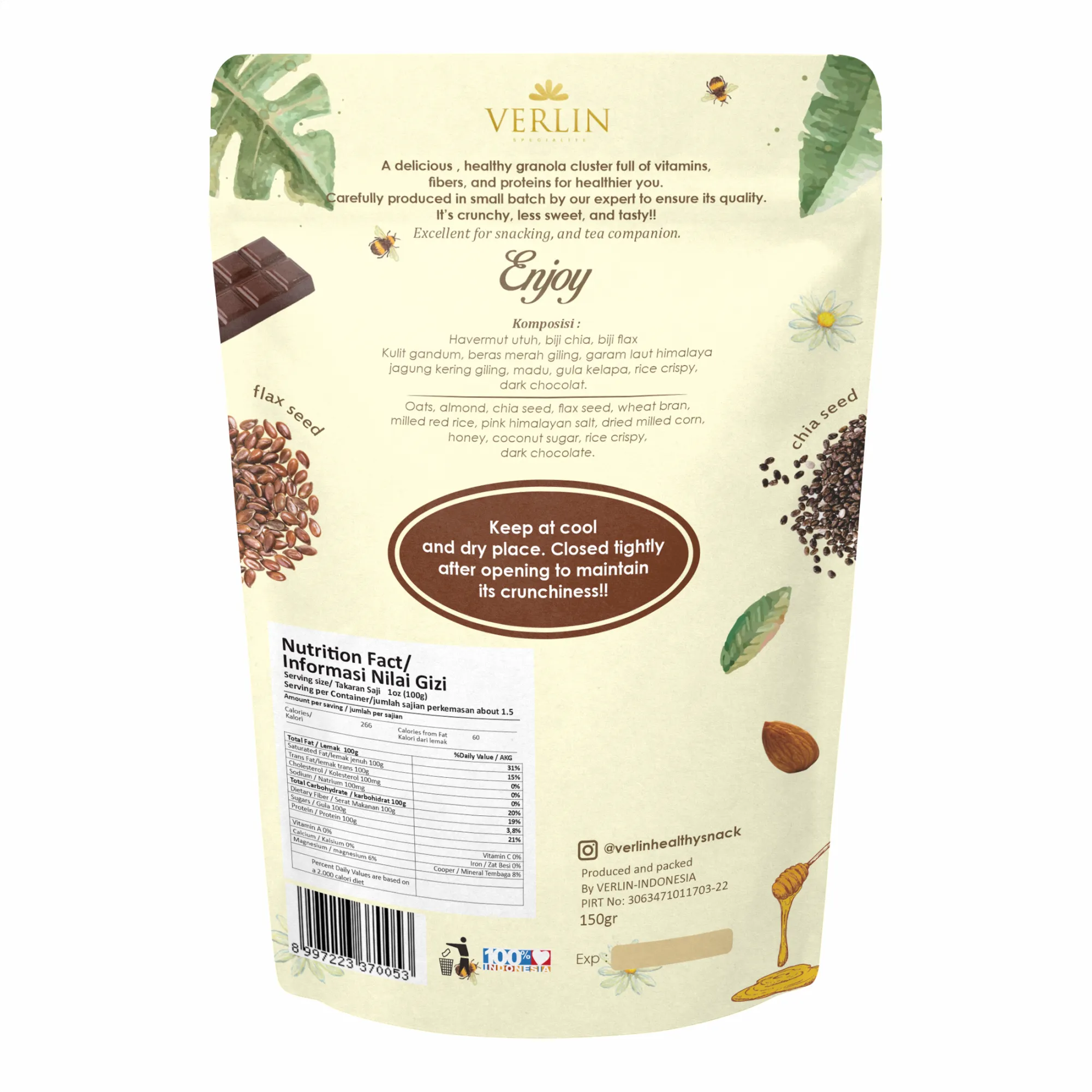VERLIN Granola Cluster with Chia Seed, Almond & Dark Chocolate 150g