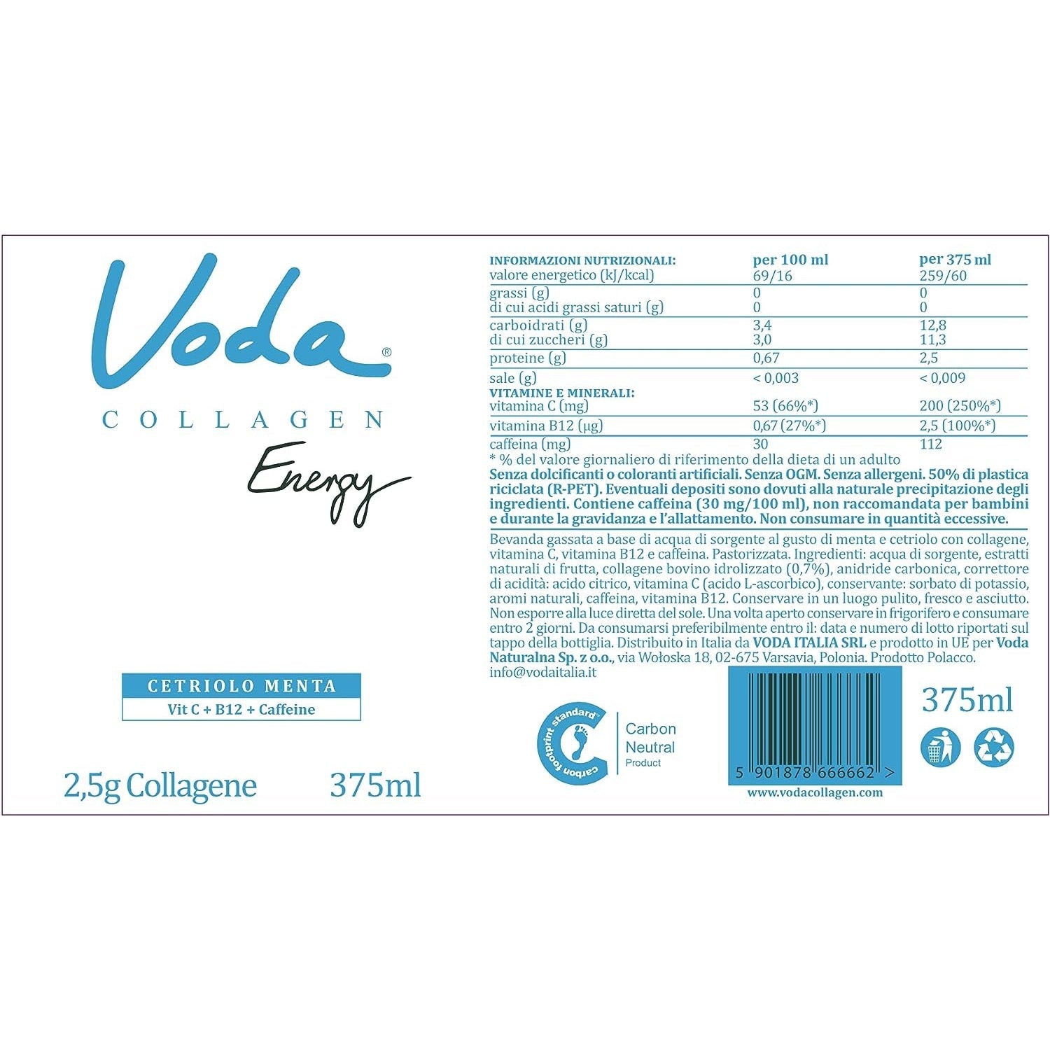 VODA Collagen Energy Functional Water Cucumber and Mint with 2.5g Collagen 375ml