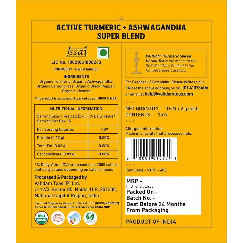 Vahdam India Organic Turmeric Ashwagandha Herbal Tea Caffeine Free 15 Bags