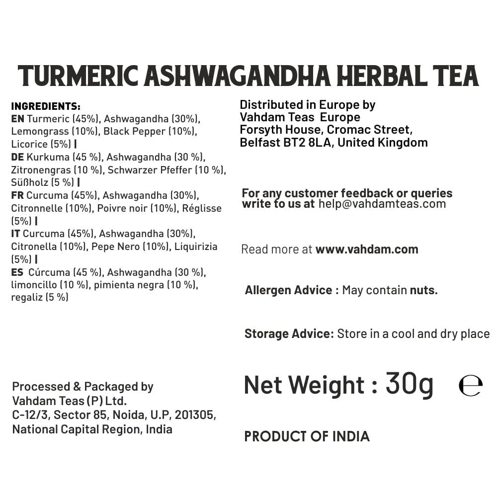 Vahdam India Organic Turmeric Ashwagandha Herbal Tea Caffeine Free 15 Bags