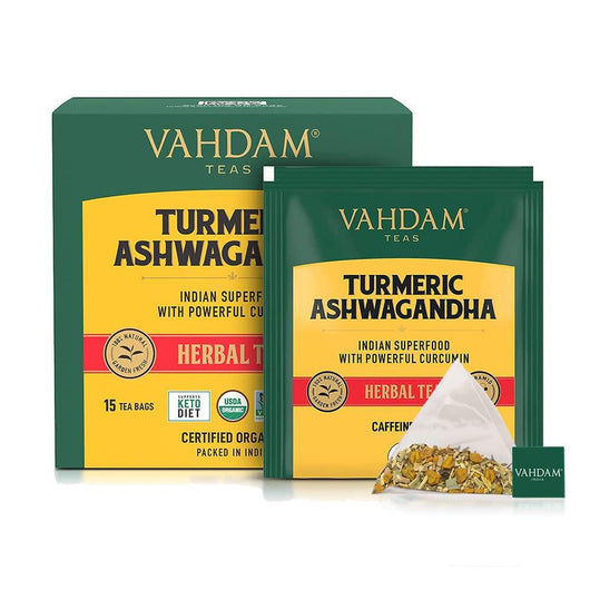 Vahdam India Organic Turmeric Ashwagandha Herbal Tea Caffeine Free 15 Bags