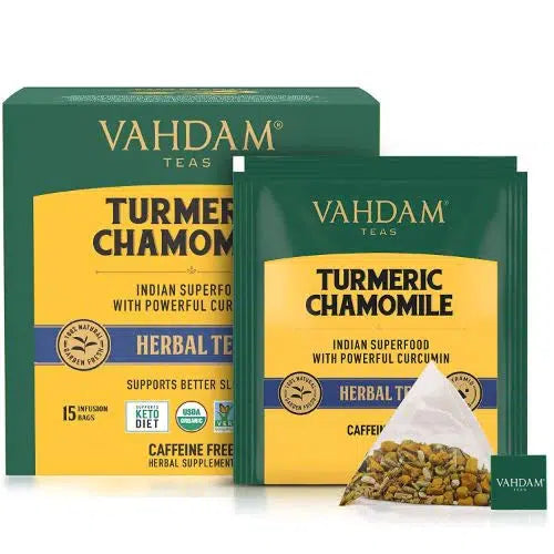 Vahdam India Organic Turmeric Chamomile Herbal Tea Caffeine Free 15 Bags