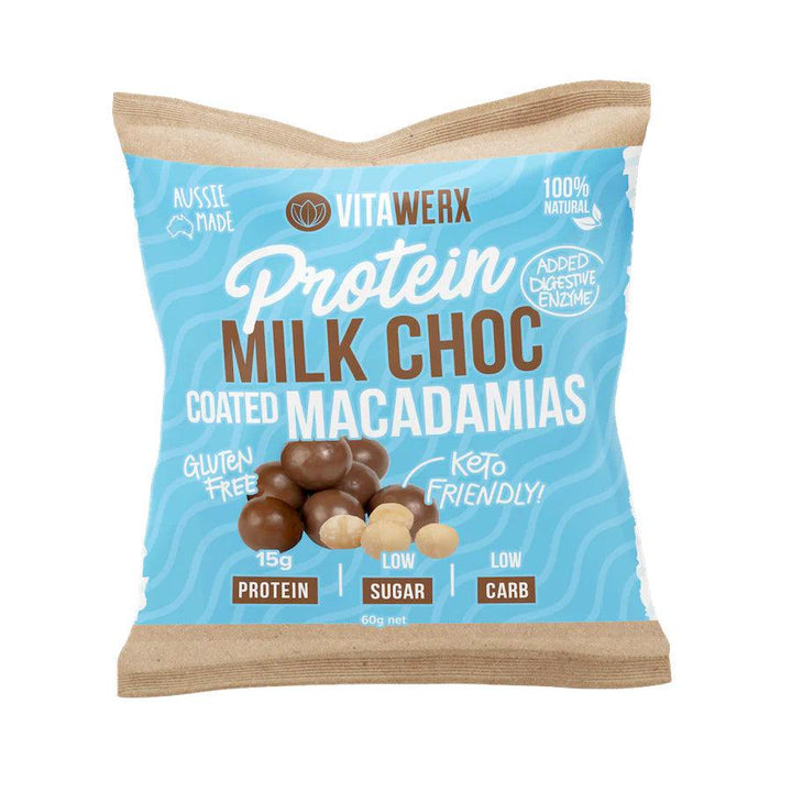 Vitawerx Protein Milk Chocolate Coated Macadamias Keto Friendly Gluten Free with Digestive Enzyme 60