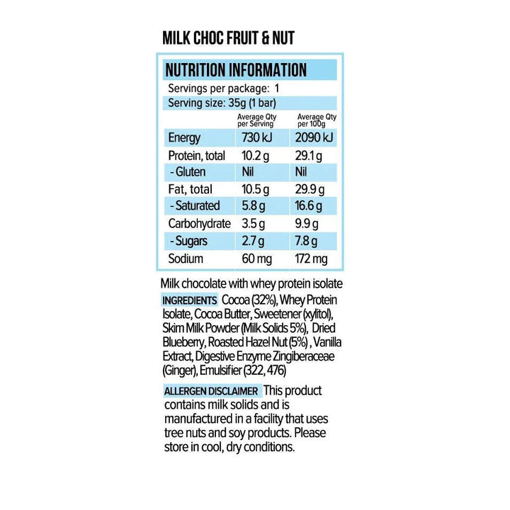 Vitawerx Protein Milk Chocolate Fruit & Nut Bar Keto Friendly Low carb Gluten Free with Digestive Enzymes 35g