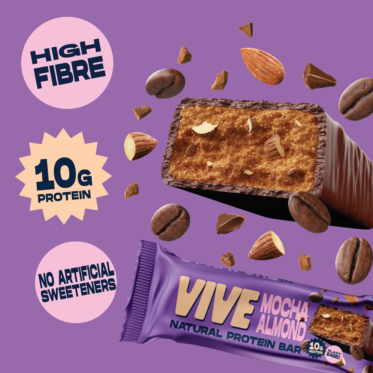 Vive Mocha Almond Protein Bars – Vegan, High Fibre, Dairy-Free 49g