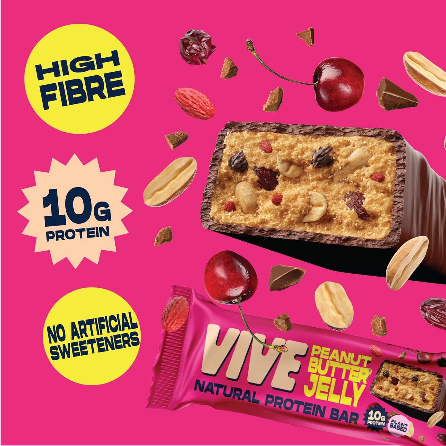 Vive Peanut Butter Jelly Protein Bar – Dark Chocolate Coated, Vegan, High Fibre Snacks