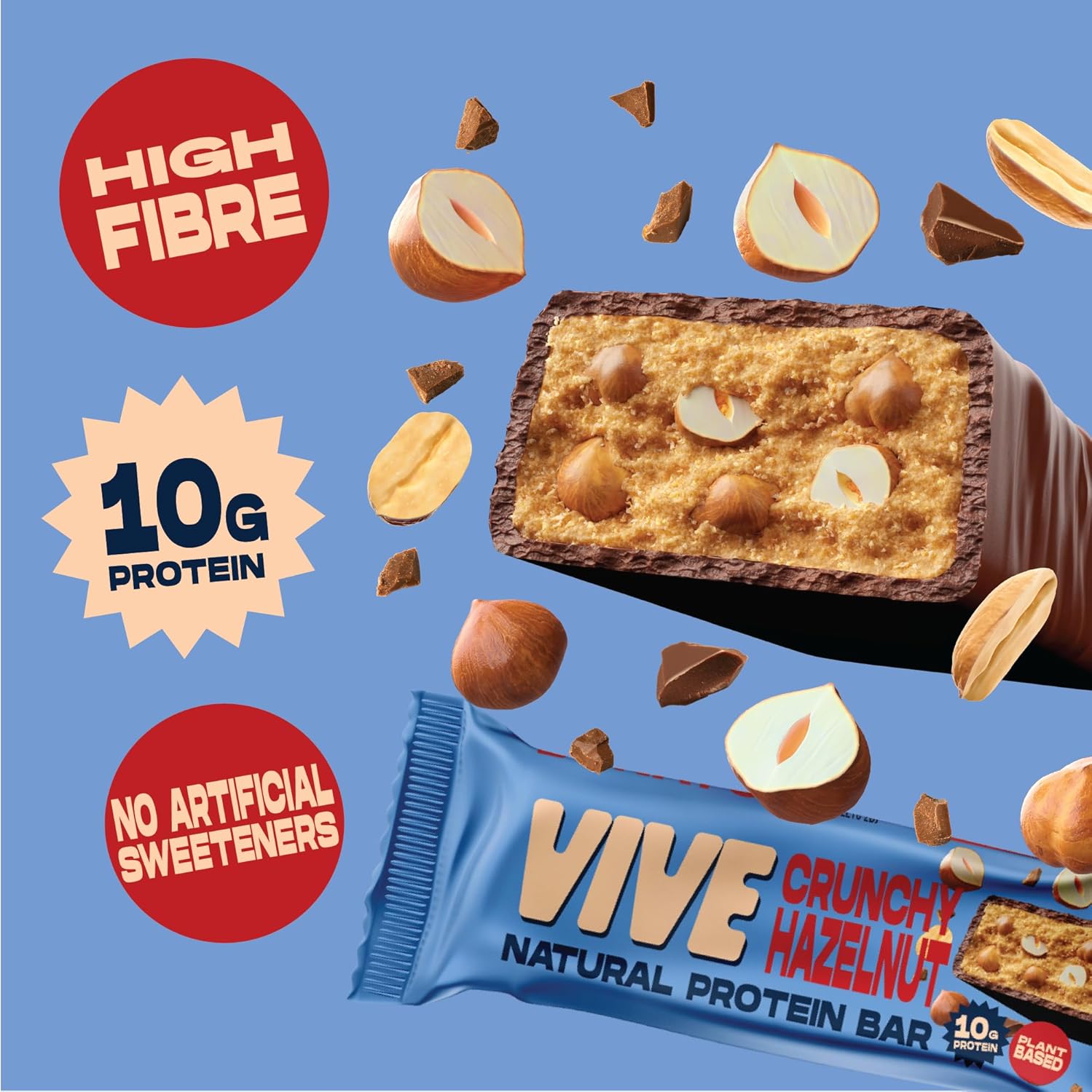 Vive Vegan Crunchy Hazelnut Protein Bar – High Protein Chocolate Coated, Plant-Based, Dairy-Free Snack