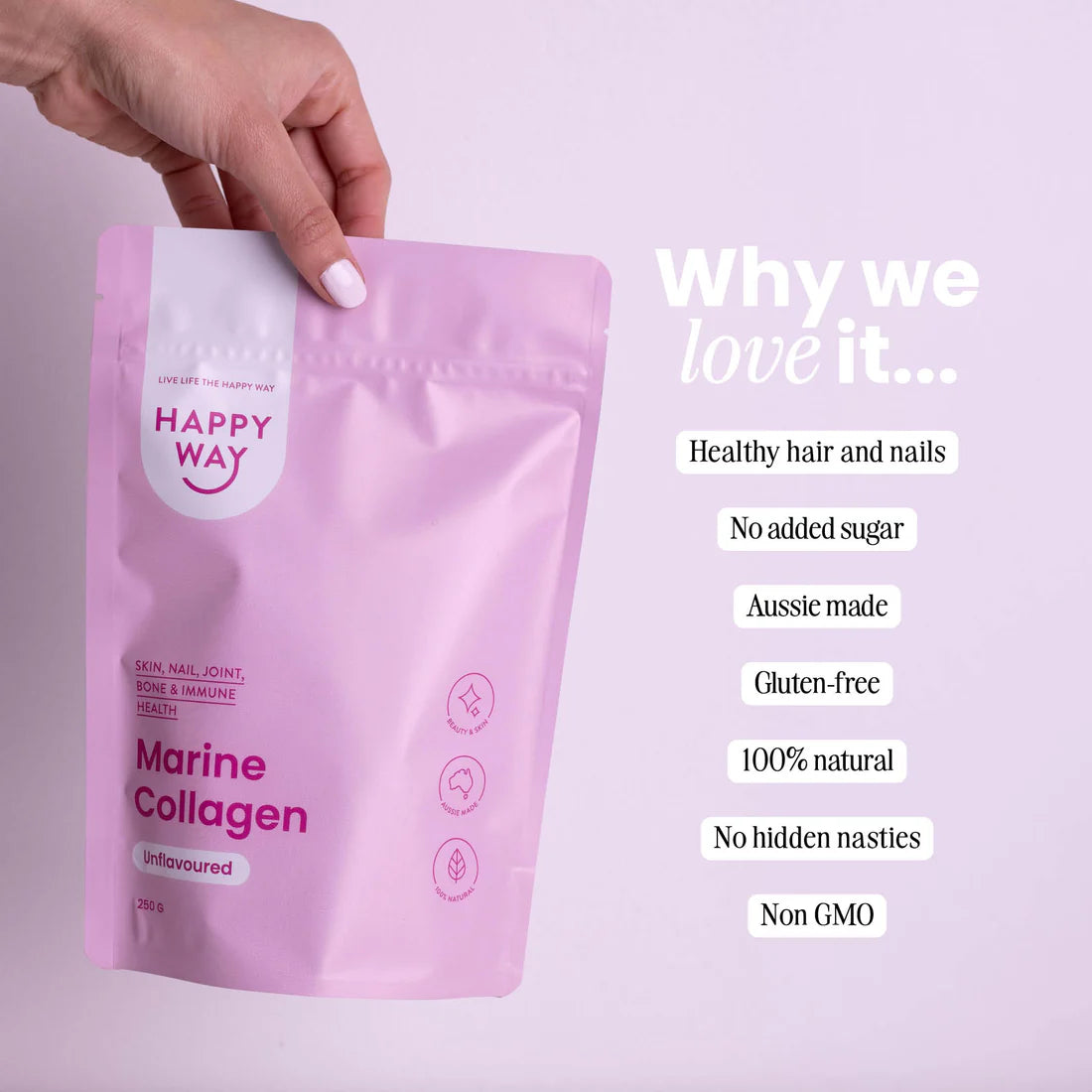 هابي واي مسحوق الكولاجين البحري الصافي بدون نكهة للبشرة والشعر ودعم المفاصل 250غم