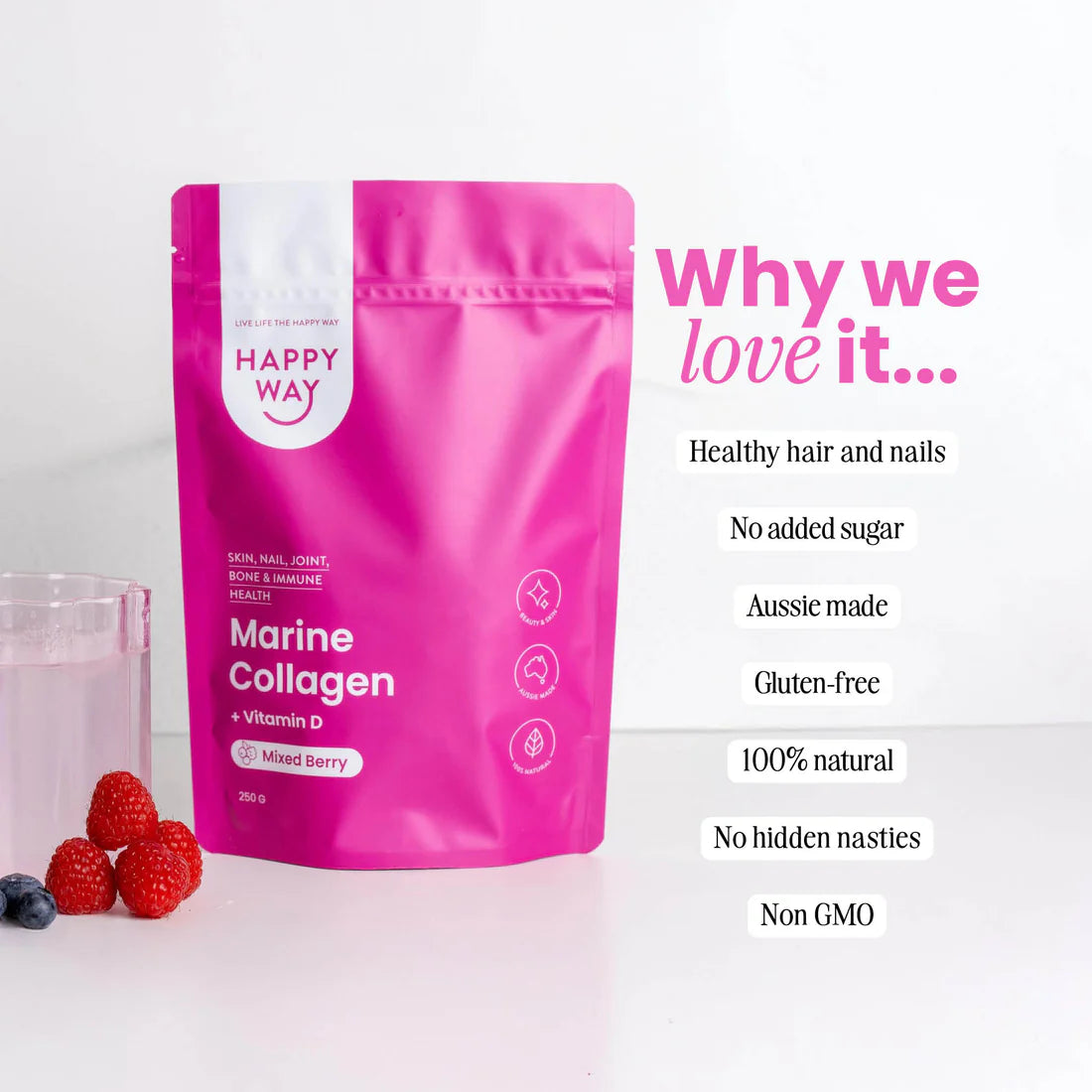 هابي واي مسحوق الكولاجين البحري مع فيتامين د3 للبشرة والشعر ودعم المفاصل بنكهة التوت 250غم