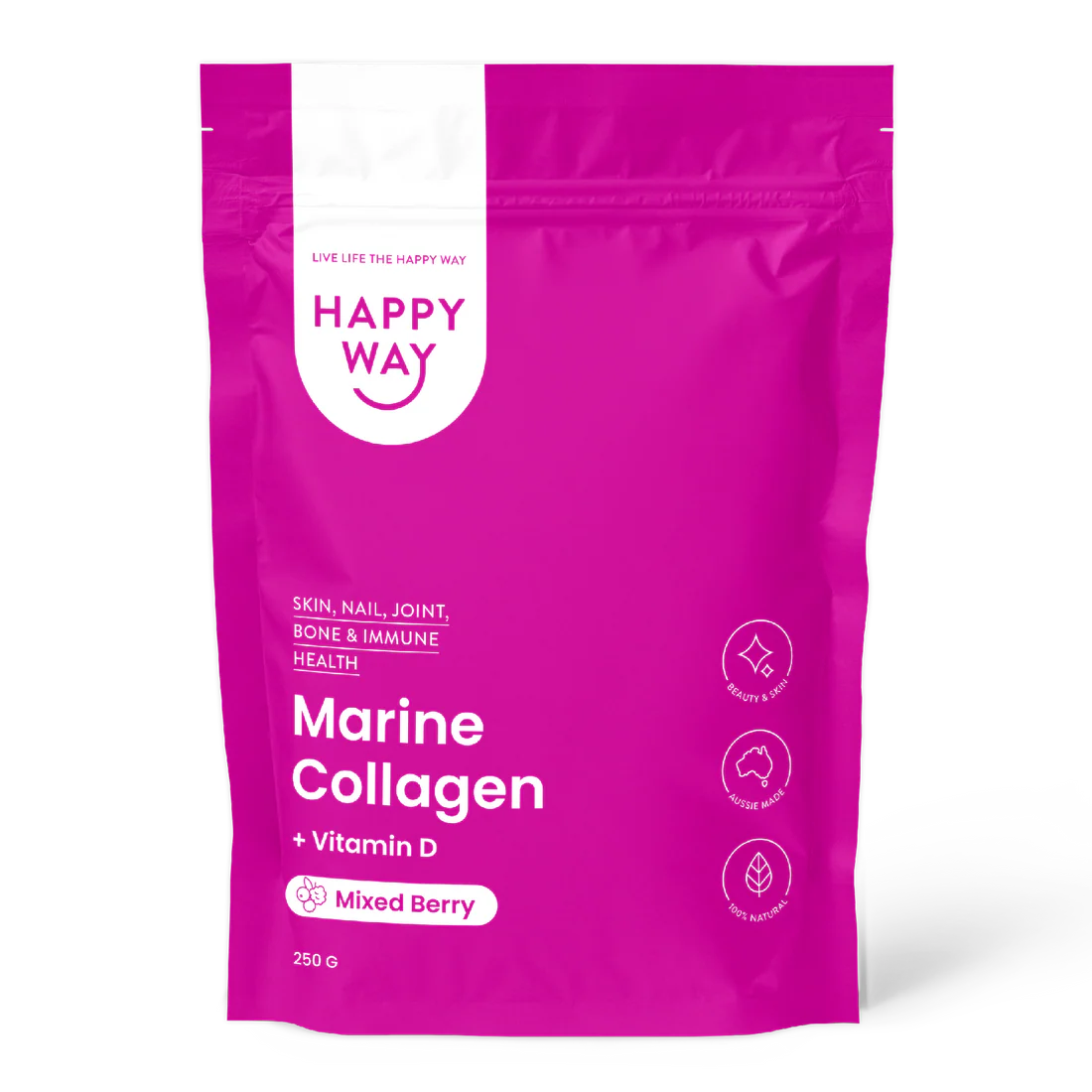 هابي واي مسحوق الكولاجين البحري مع فيتامين د3 للبشرة والشعر ودعم المفاصل بنكهة التوت 250غم