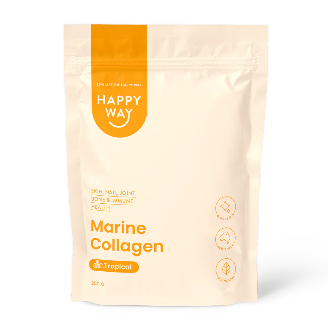 مسحوق الكولاجين البحري هابي واي - بنكهة استوائية لصحة البشرة والشعر والمفاصل 250غم