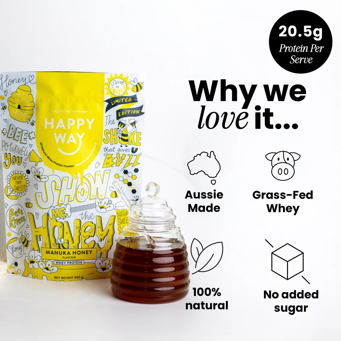 هابي واي مسحوق بروتين مصل اللبن العضوي الطبيعي بالكامل - عسل مانوكا (إصدار محدود) 500 جرام