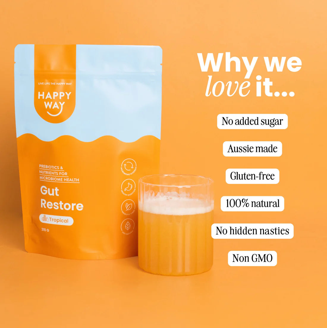 هابي واي مسحوق دعم صحة المعدة والهضم مع البريبايوتكس يدعم الهضم ويهدئ الانزعاج بنكهة استوائية 210غم
