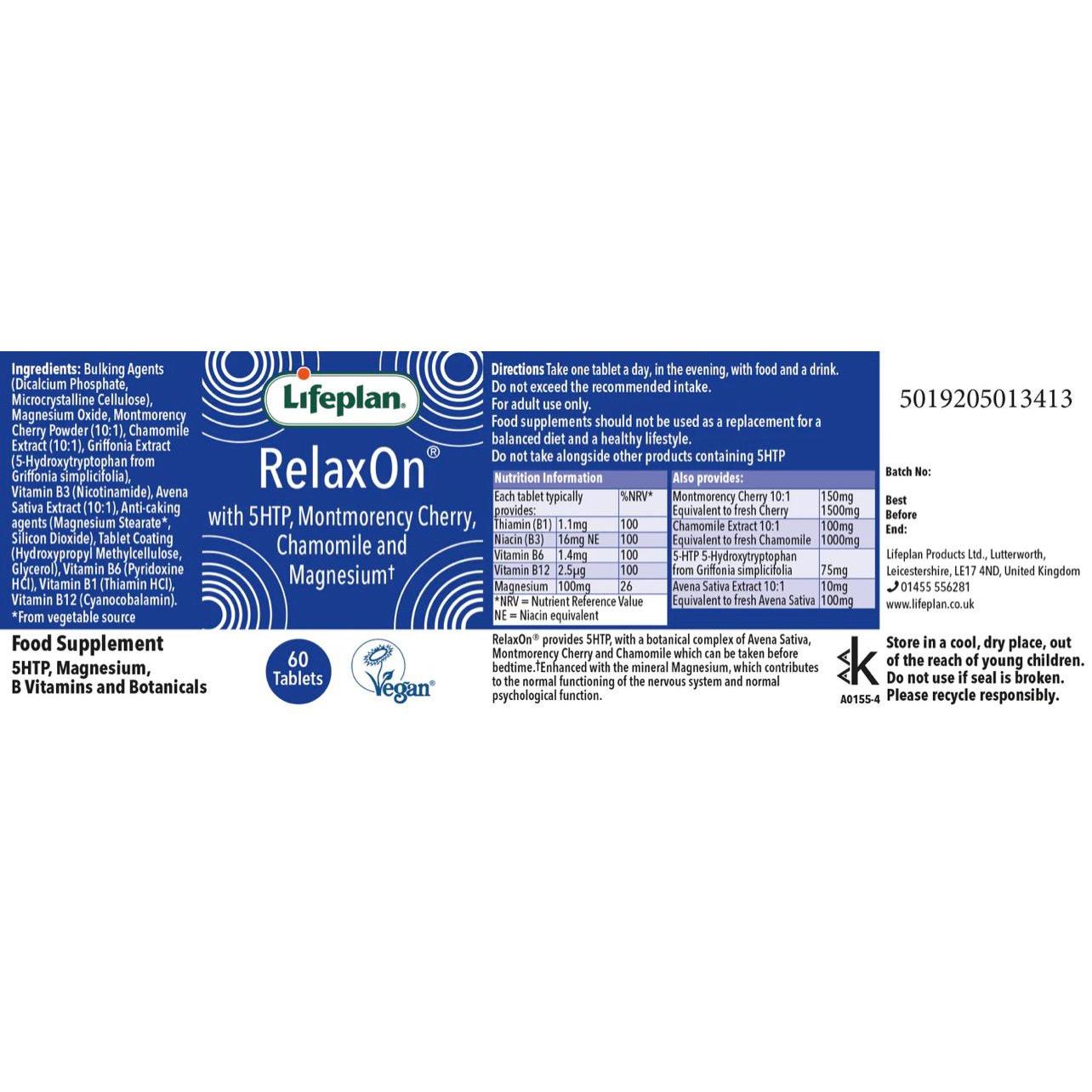 لايف بلان ريلاكس أون مع 5HTP كرز مونتمورسي والبابونج والمغنيسيوم 60 قرص نباتي