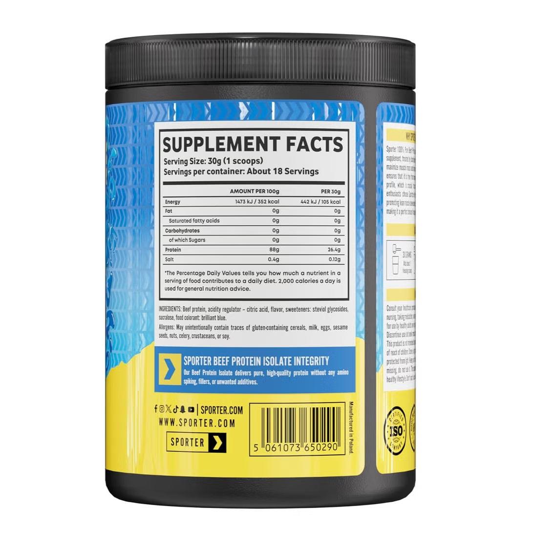 Sporter Beef Protein Isolate Blue Raspberry, Hydrolyzed Beef Protein Powder with Complete Amino Acid Profile & High Protein Content 540g