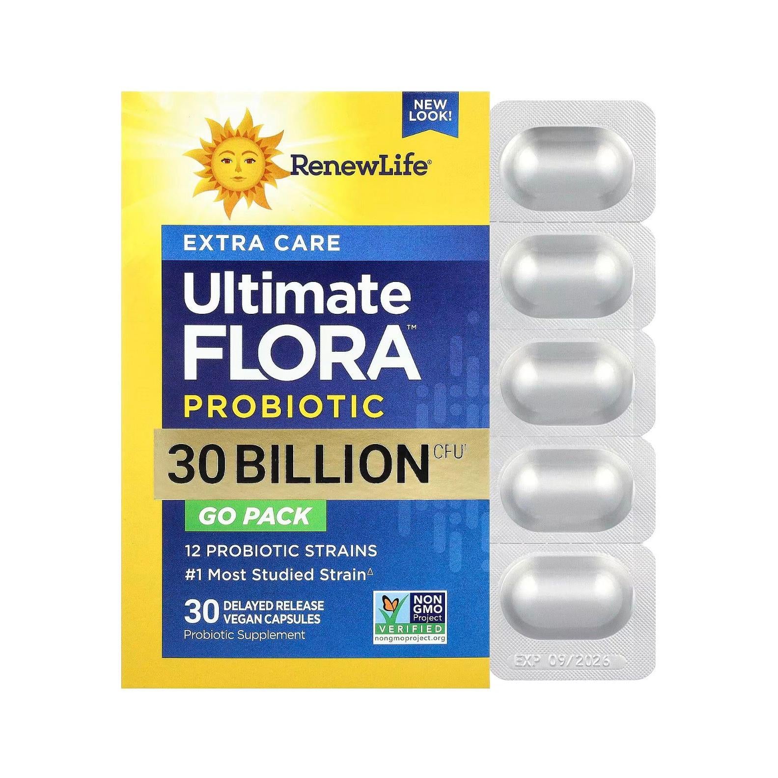 رنيو لايف ألتيميت فلورا بروبيوتيك إكسترا كير 30 مليار وحدة مثالي للسفر 30 كبسولة