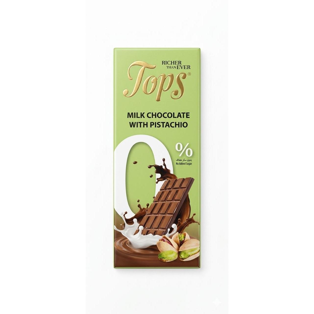 Tops 0% No Added Sugar Milk Chocolate with Pistachio - 50g