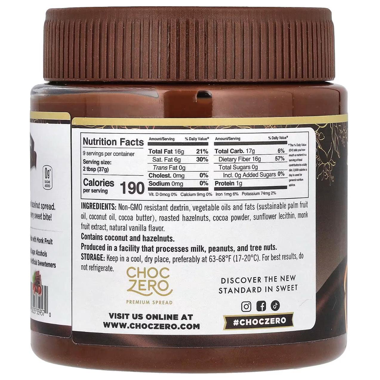 شوكولاتة تشوك زيرو، كريمة الكاكاو الداكنة بالبندق، صديقة للكيتو، بدون إضافة سكر، محلاة بفاكهة الراهب، 340 جرام، خالية من الغلوتين