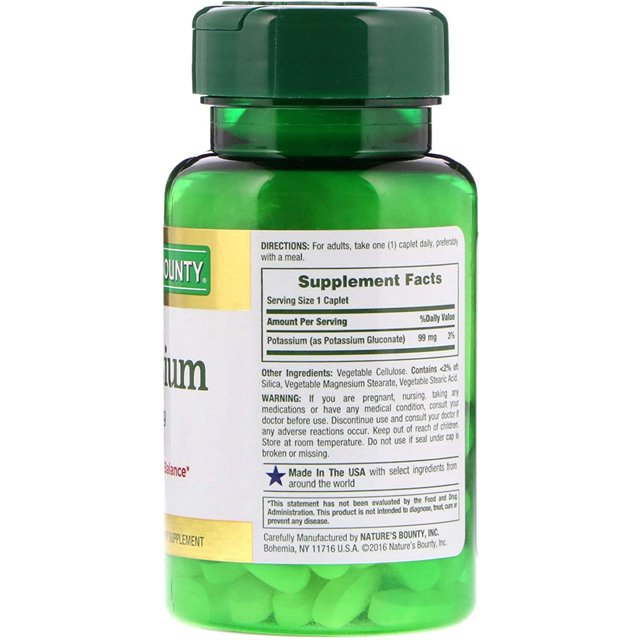 Natures Bounty Potassium Gluconate 99 mg Supplement Caplets, 100 Ea