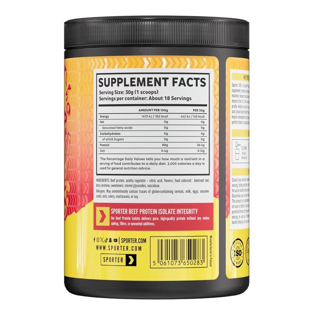 Sporter Beef Protein Isolate Raspberry Mango, Hydrolyzed Beef Protein Powder with Complete Amino Acid Profile & High Protein Content 540g