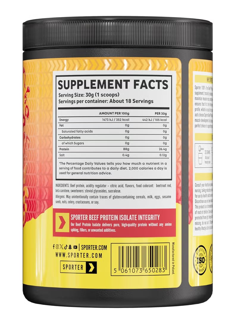 Sporter Beef Protein Isolate Raspberry Mango, Hydrolyzed Beef Protein Powder with Complete Amino Acid Profile & High Protein Content 540g