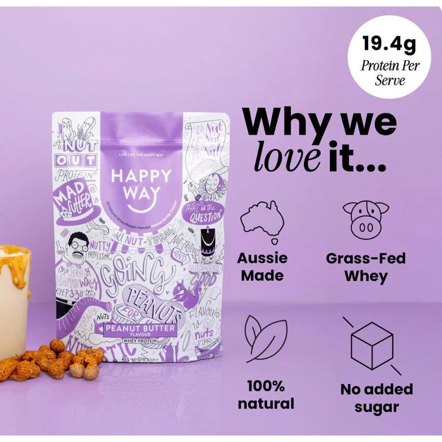 هابي واي مسحوق بروتين مصل اللبن العضوي الطبيعي بالكامل - بنكهة زبدة الفول السوداني 500غم