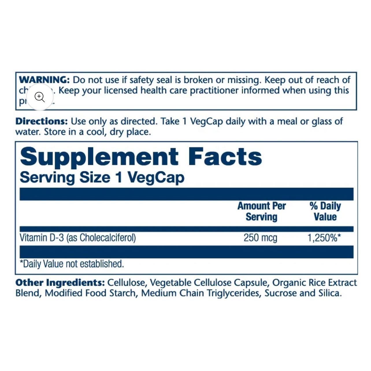 Solaray High Potency Vitamin D3 10,000 IU 250 mcg 60 Vegetable Capsules Softgels