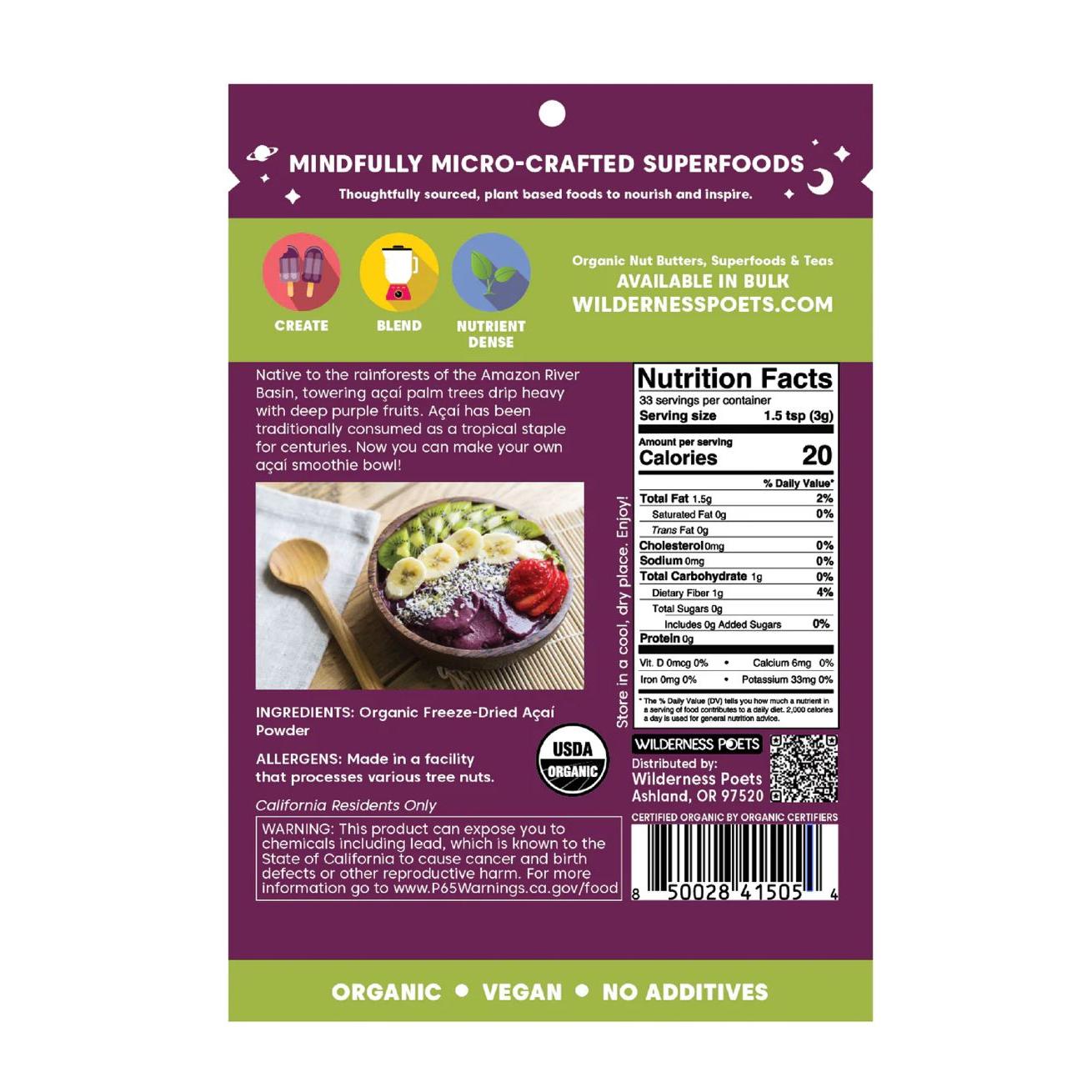 مسحوق توت أساي عضوي مجفف بالتجميد من وايلدرنس بوتس، 99 غرام