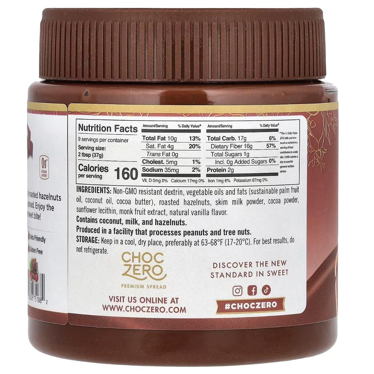 ChocZero Milk Cocoa Hazelnut Spread Keto Friendly No Sugar Added Sweetened with Monk Fruit 340g Gluten Free