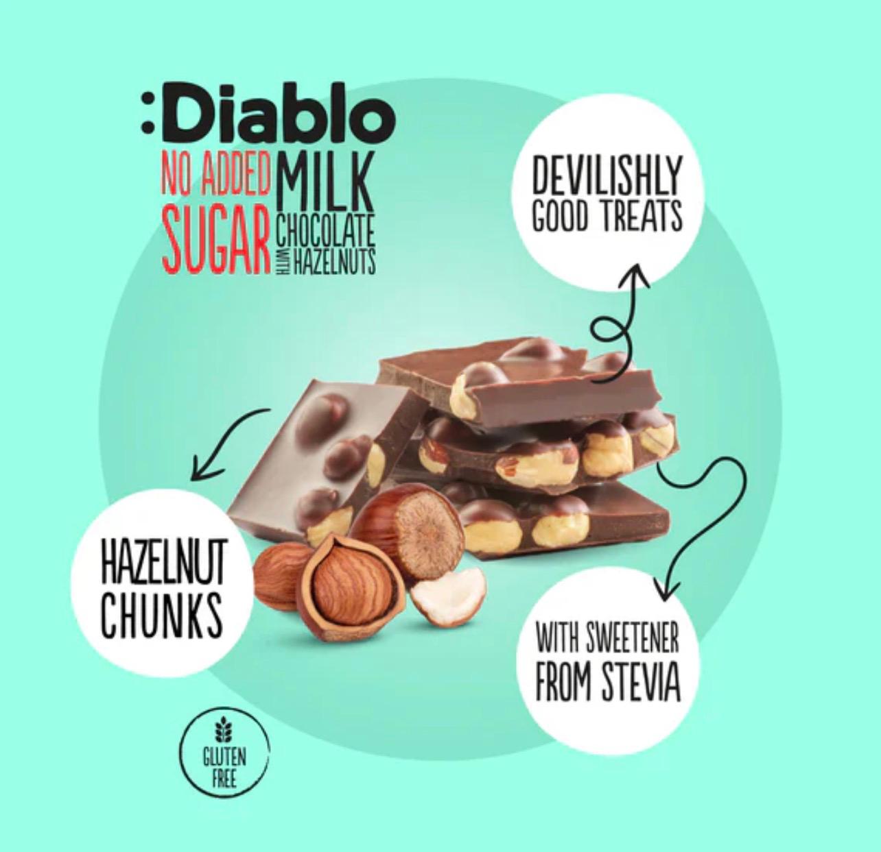 شوكولاتة ديابلو بالحليب مع البندق، بدون إضافة سكر، 75 غرام