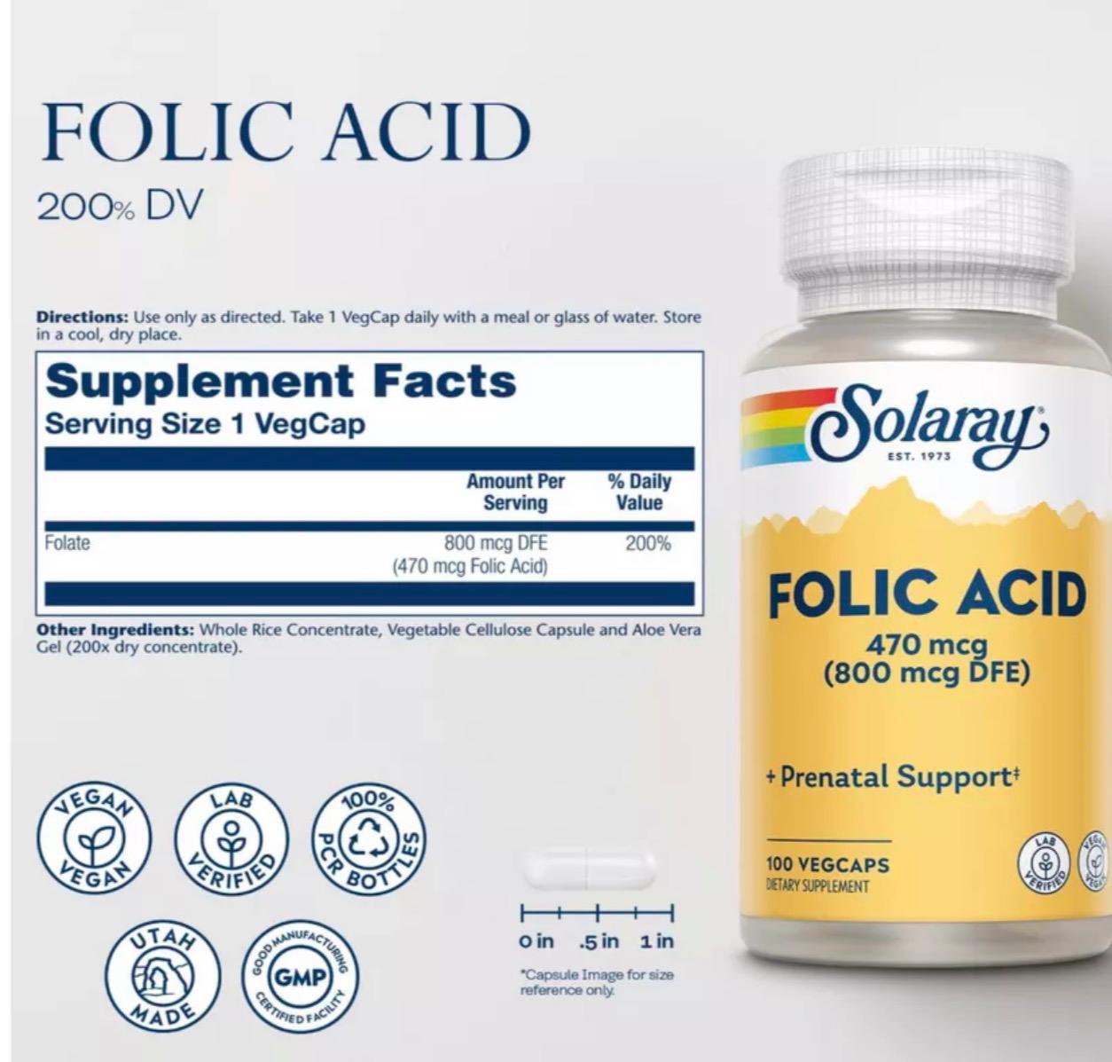Solaray Folic Acid 470mcg (800mcg DFE) 100 Vegcaps