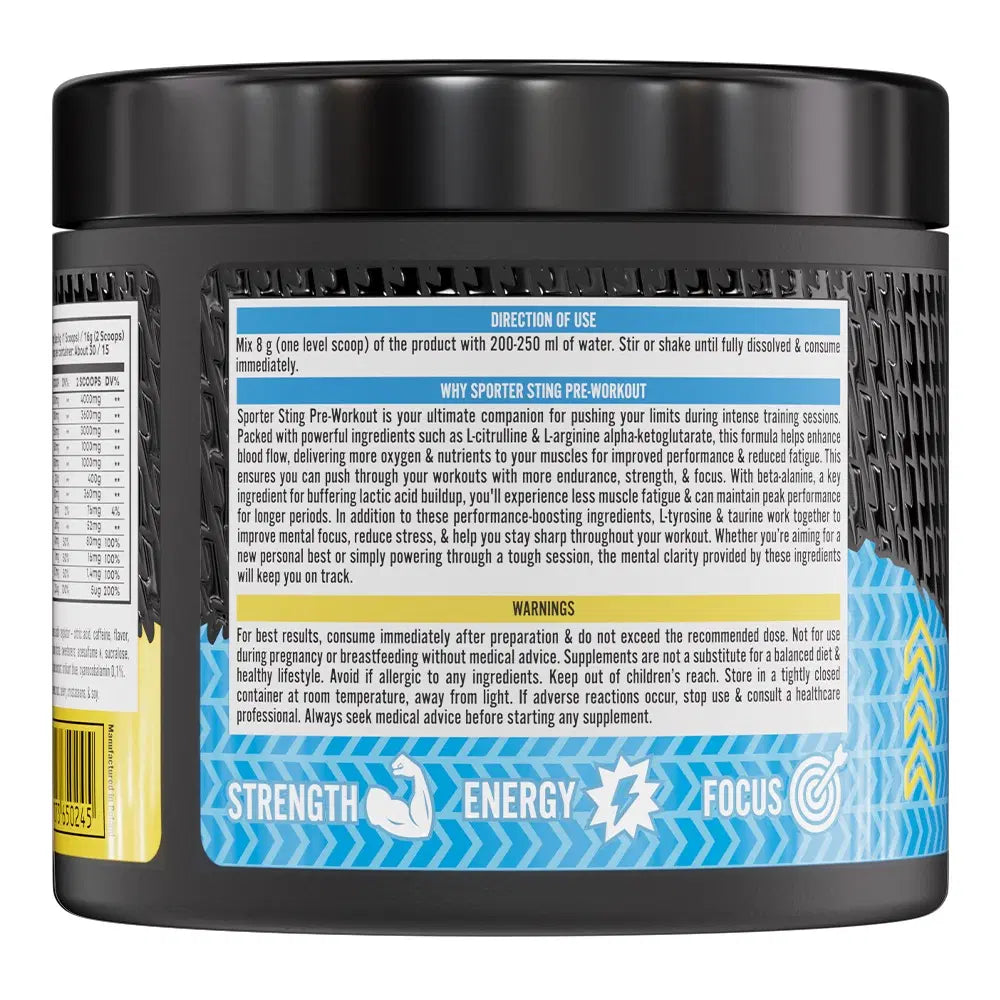 Sporter Sting Pre-Workout Blue Raz Flavor 30 Servings