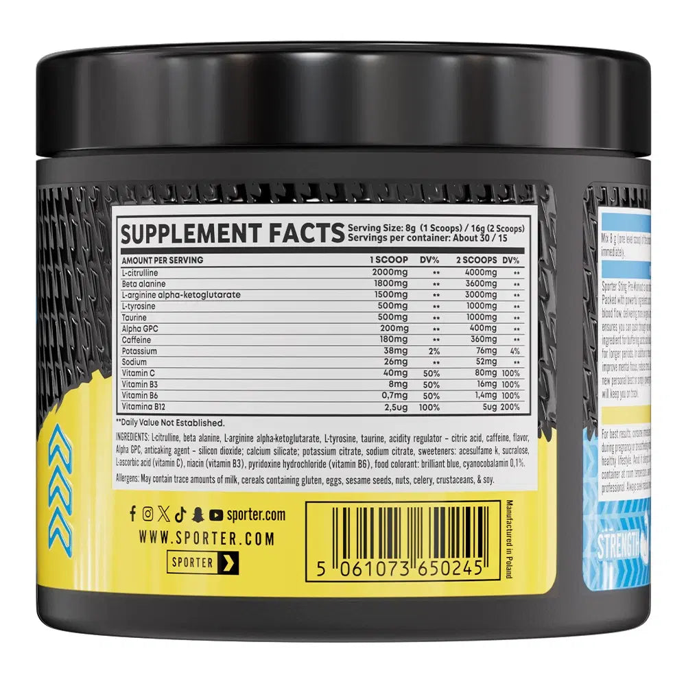 Sporter Sting Pre-Workout Blue Raz Flavor 30 Servings