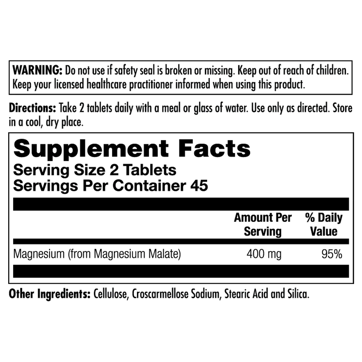 KAL Magnesium Malate 400mg Chelated Magnesium with Malic Acid Enhanced Absorption Vegan 90 Tabs