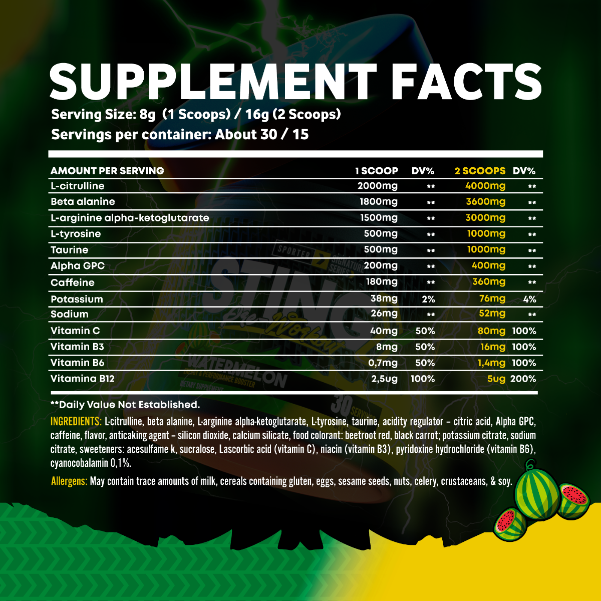 Sporter Sting Pre-Workout Watermelon Flavor 30 Servings