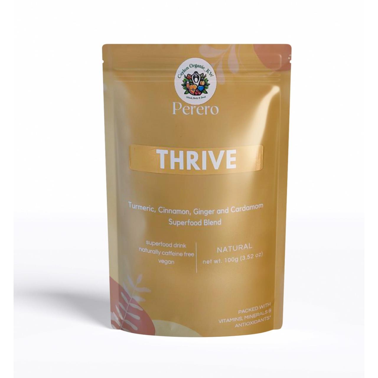 مشروب ثرايف سوبر فود مع الكركم والقرفة والزنجبيل والهيل، خالي من الكافيين بشكل طبيعي، نباتي، 100 جرام