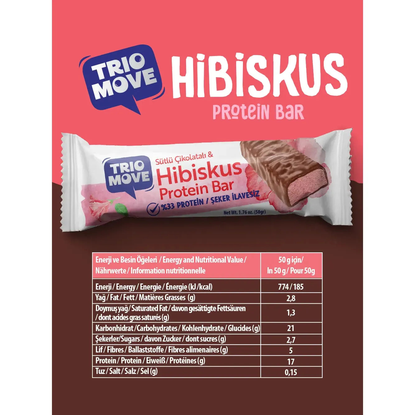 Trio Move Chocolate Coated 33% Protein Bar Milk Chocolate and Hibiscus 50g